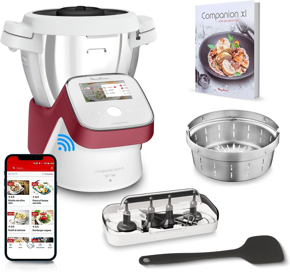 blender Moulinex | Blanc/Rouge, I-Companion Touch – Robot cuiseur | 17 fonctions, Connecté – Recettes sur l'écran