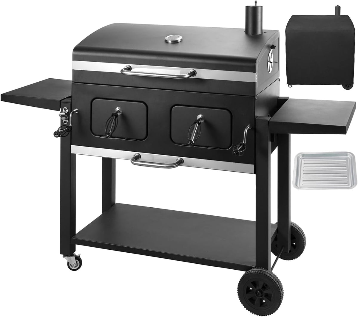 barbecue à charbon – Noir | Fumeur réglable à 2 hauteurs, jauge de température – Barbecue extérieur pour Jardin/Camping