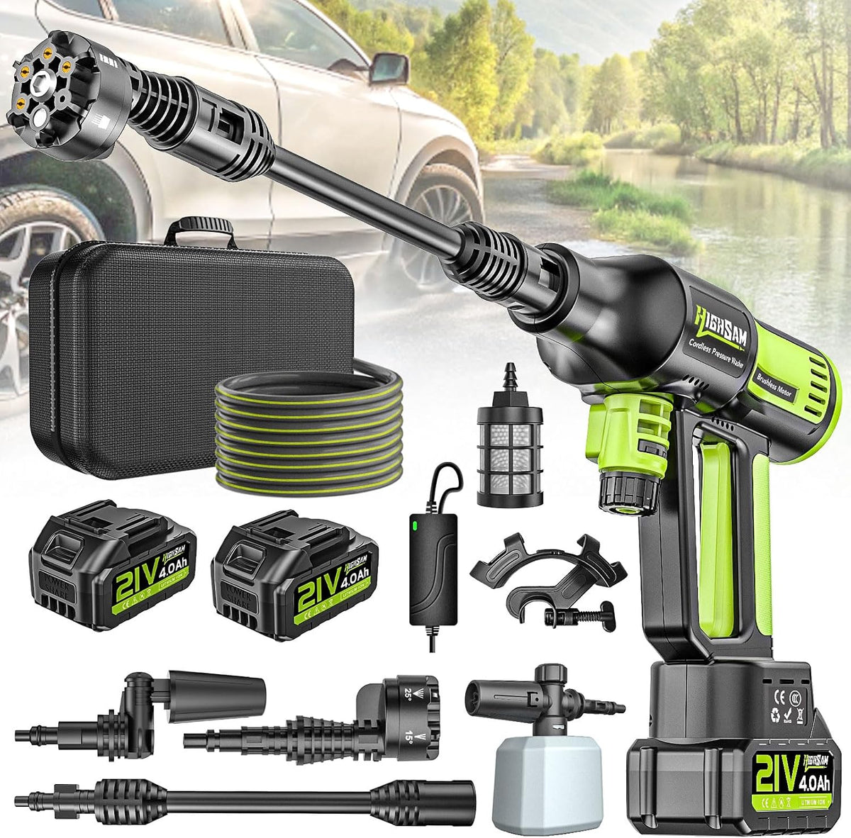 nettoyeur haute pression highsam | 120 Bar, 4,0 Ah – 5 M | Noir/Vert, Pressure Washer sans Fil 4 Vitesses Max. avec 2 Batteries