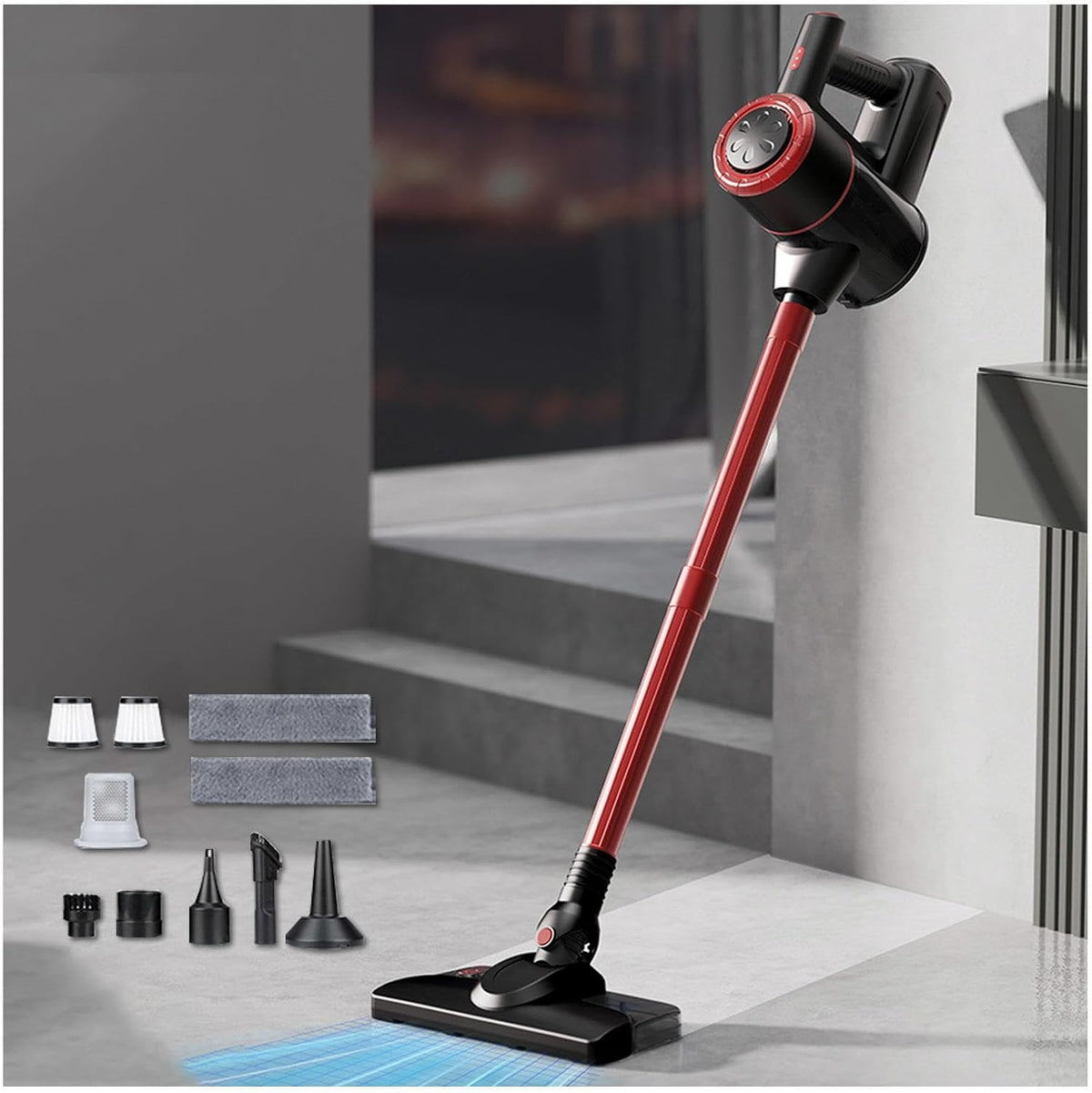 MeLtor aspirateur balai sans fil, aspirateur sans fil – 120 W | 18Kpa, Noir/Rouge – Aspirateur Laveur Balai sans Fil 35 Min
