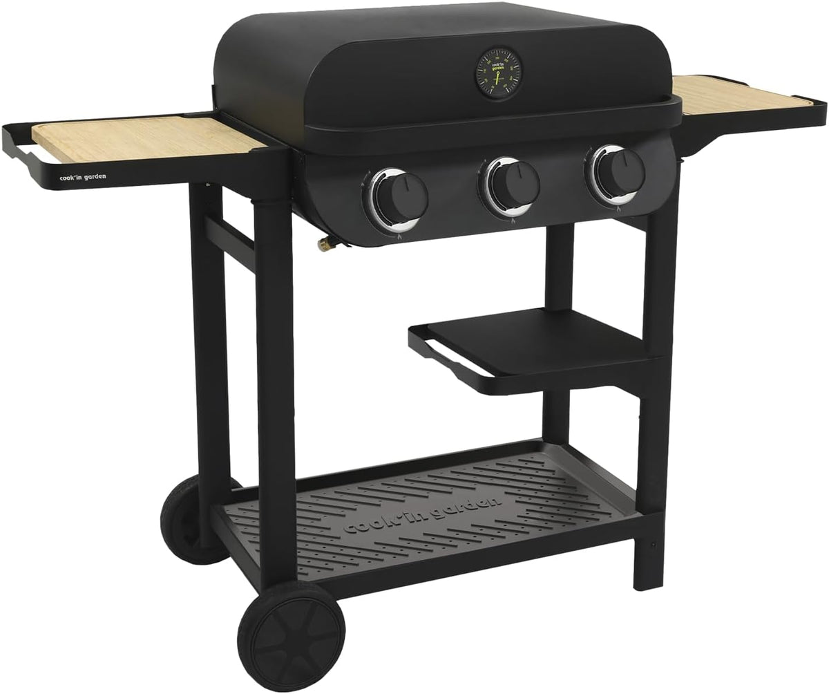 plancha Cook'in garden – Noir/Bois | Barbecue Gaz FLAVO 60 sur Chariot, 3 Brûleurs – Fonction Grill | Structure Métal