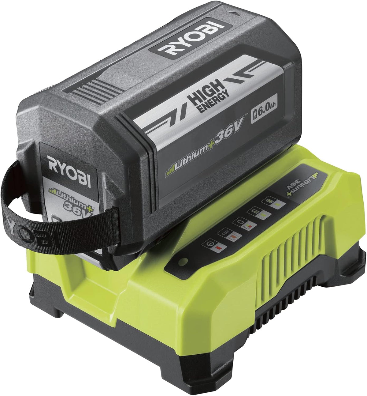 Packs de batterie RYOBI – 36 V | 6.0 Ah, Gris/Vert – Batterie LithiumPlus - 1 Chargeur Rapide RY36BC60A-160