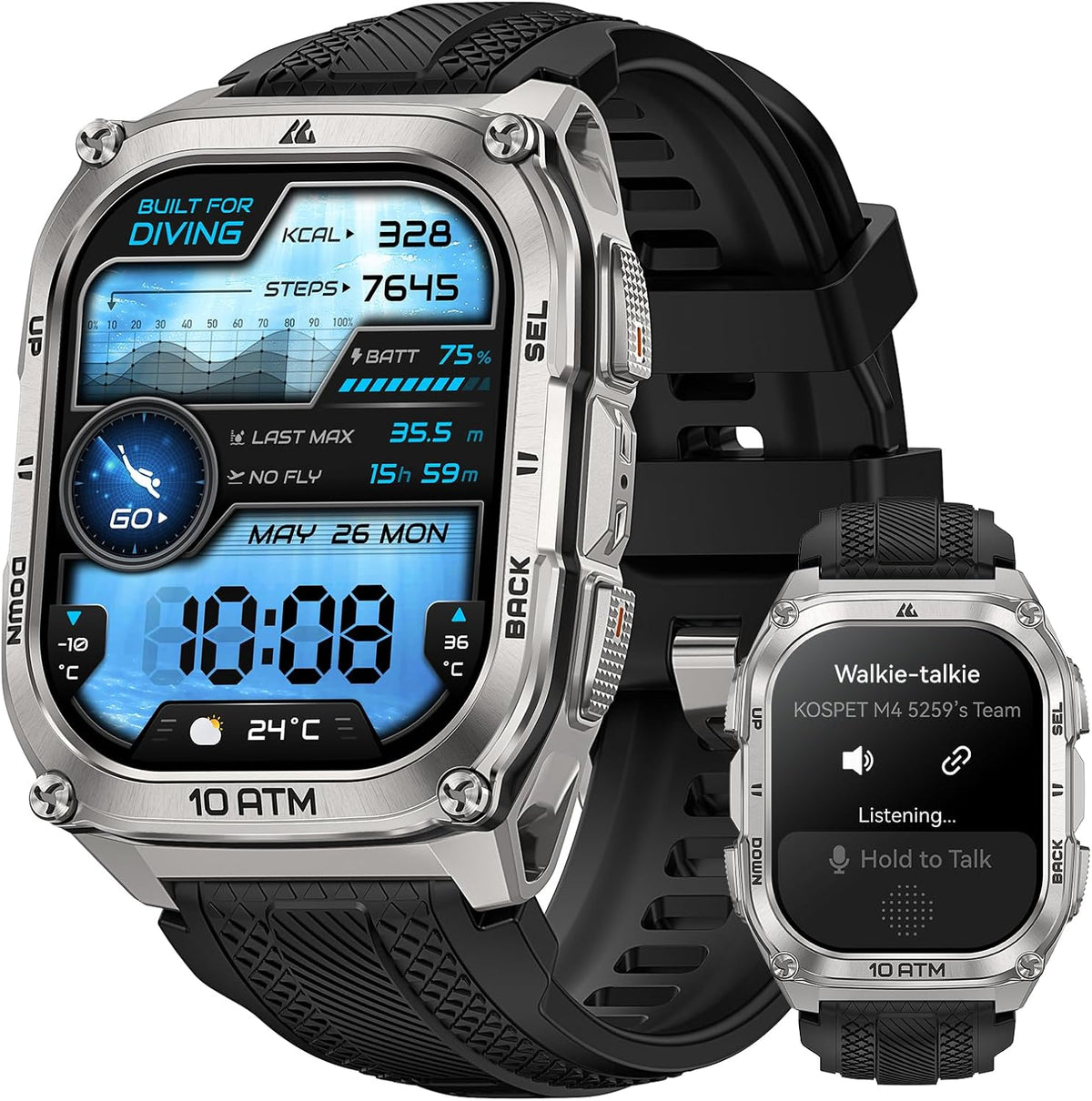 KOSPET Montres connectées, 45M – Noir/Argent | Tank M4 Montre Connectée Homme, Acier Inoxydable – GPS & Cartes Hors Ligne