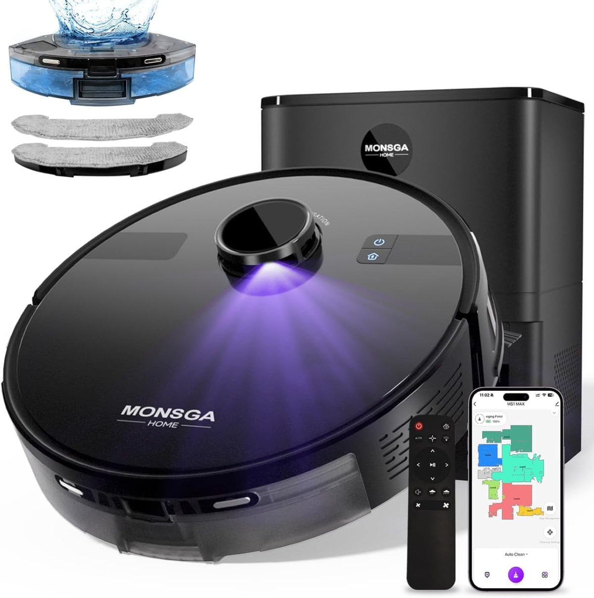 robot aspirateur MONSGA | 3,5 L, Noir – et serpillère | aspirateur robotique 6000 Pa avec station de vidange automatique