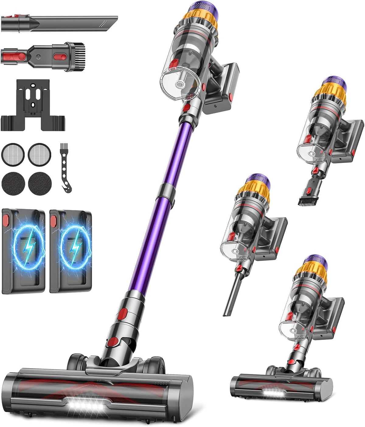 Minilandia aspirateur balai sans fil, 55KPA – 600 W | 2.0 L, Violet/Gris – avec 2 Batteries | 150Min/ / / Aspirateur Sans Fil Puissant