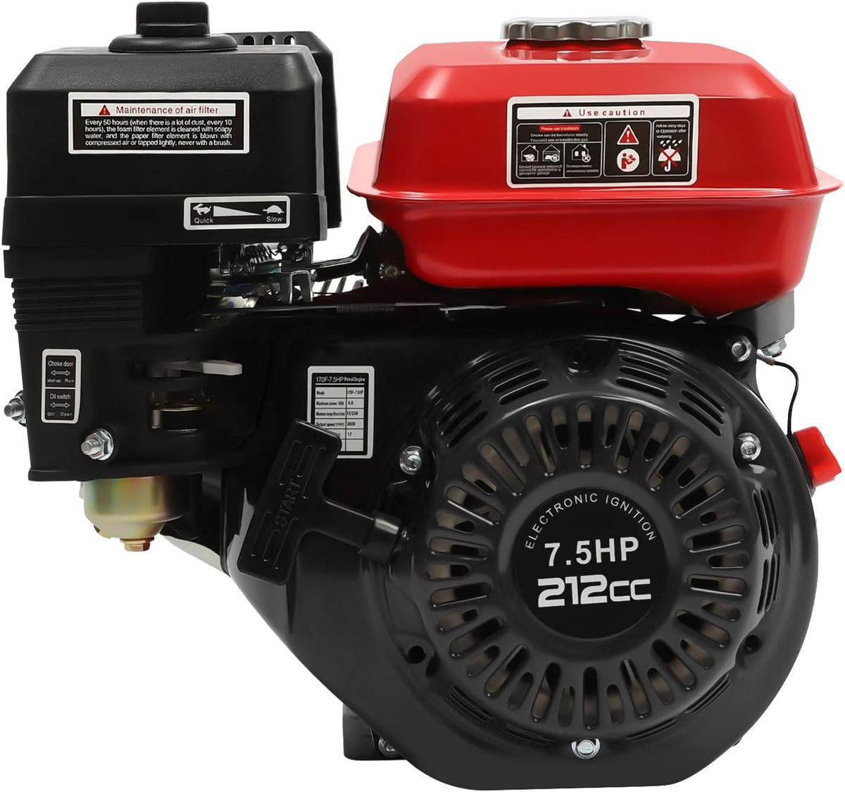 ARBGO Moteurs à 4 temps de remplacement, 170F-7,5 HP – 36,2 x 31,3 x 33 cm | 4 kW, 3600 tr/min – aluminium | fer, nylon – argent | noir, rouge
