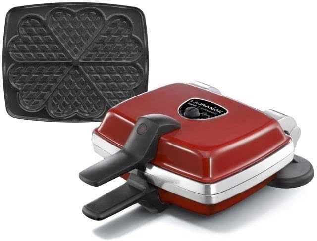 gaufrier LAGRANGE – 1000 W | Rouge/Noir, 1 jeu de plaques inclus (Gaufre Coeur) – Fabriqué en France | Réversible sur son socle