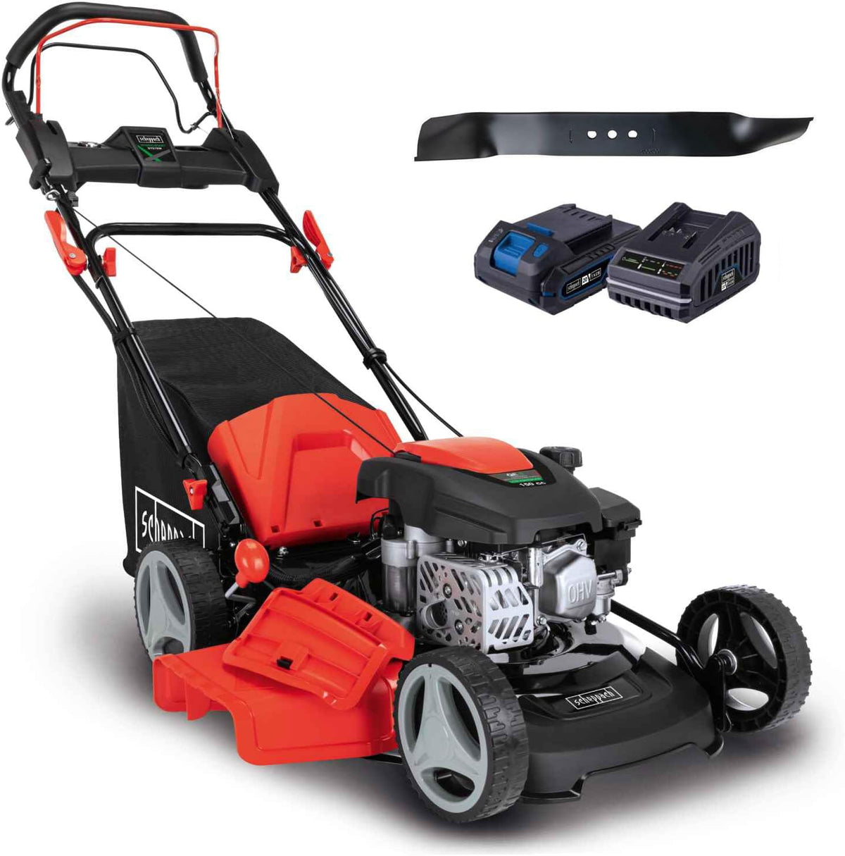 Scheppach tondeuse à gazon, 46 cm – 55 L | Noir/Rouge, thermique MS150-46E – Autotractée | Démarrage électrique