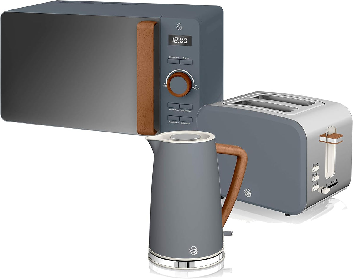 grille-pain Swan – 1,7 L | 2200 W, 20 L – Gris/Marron | Nordic Set petit-déjeuner bouilloire, à fente large 2 tranches