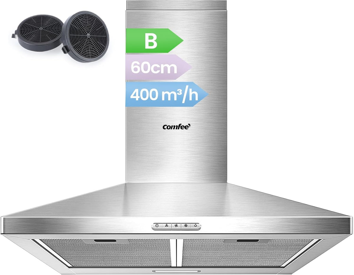 Comfee hotte aspirante, 60 cm – Argent | PYRA17SS-60 en acier inoxydable é avec LED, système de recirculation et canalisation et filtres au charbon