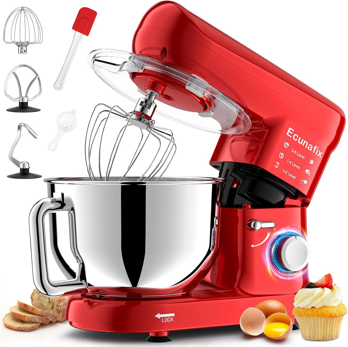 blender Ecunafix | 2000 W, 6,5 L – Rouge/Argent | Robot Patissier, Fouet à Fil – Couvercle | 6+P Vitesses