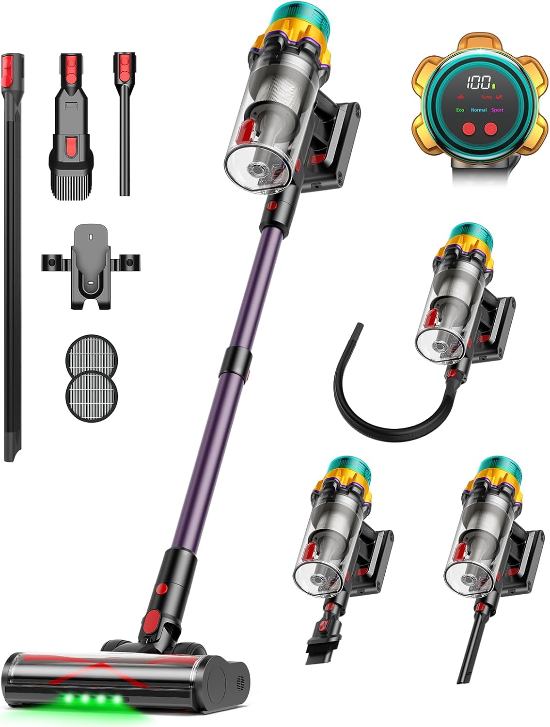 Aspirateurs Kuibu – 600 W | 2 l, Violet/Noir/Jaune – Aspirateur sans fil 50 000 Pa/ /65 min | bac à poussière