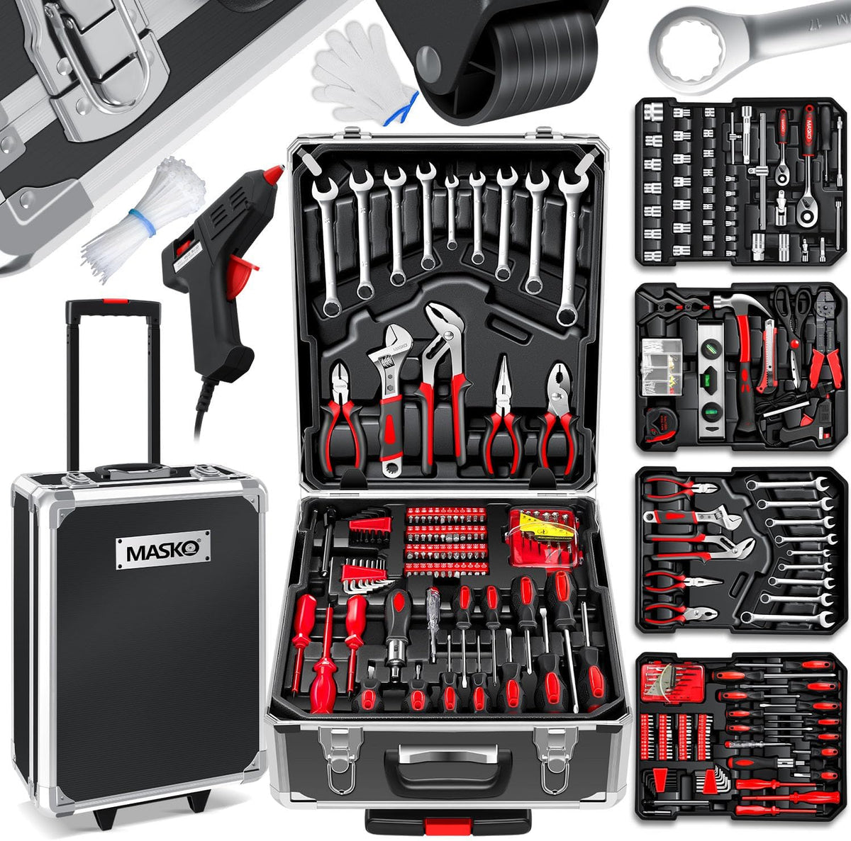 Rangement des outils Masko | Noir/Argent/Rouge, Valise à Outils 969 Pièces – Mallette à Outils en Aluminium Coffret à Outils Set
