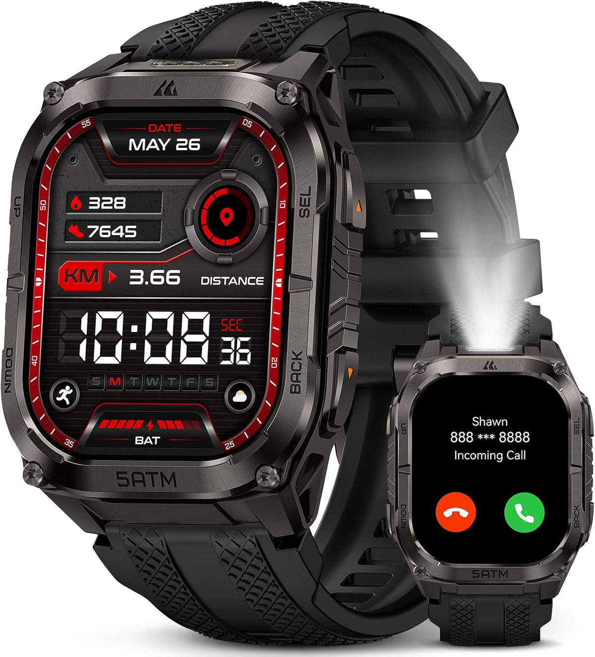 Montres connectées KOSPET – Noir | Tank M4C Montre Connectée Homme, Lampe Torche LED et Talkie-Walkie – Corps Entièrement Métallique