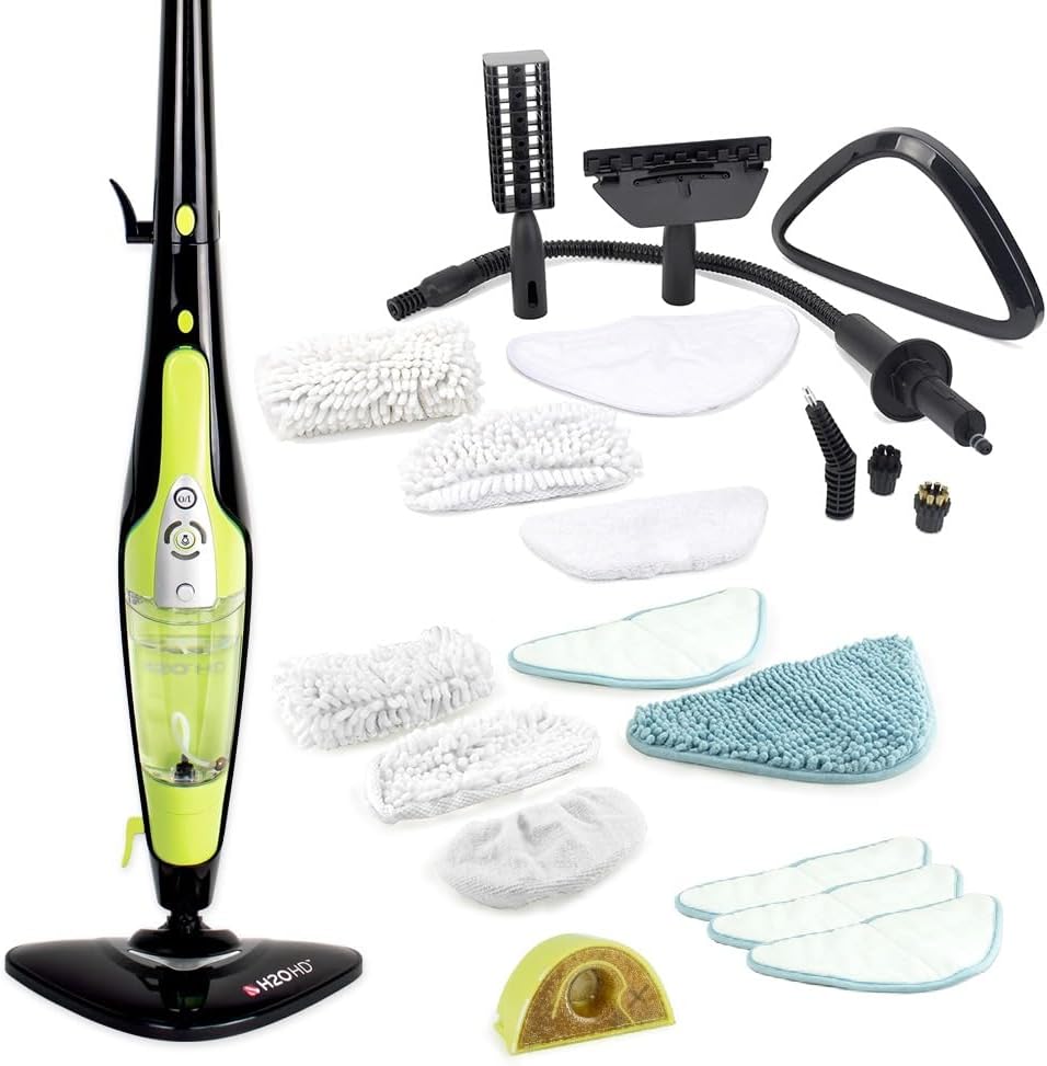 H2O polisseuse, 1500 W – 450 ml | Noir/Vert, HD PRO Balai Vapeur & Nettoyeur à Main 2-en-1 – Réservoir | Nettoyage Sans Produits Chimiques