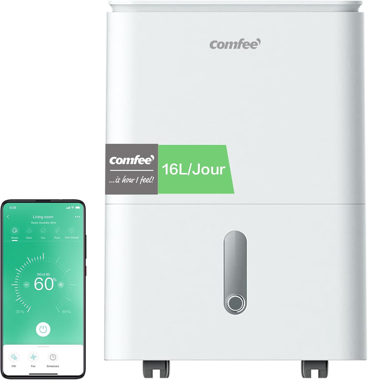 déshumidificateur Comfee | 16 L, Blanc – ' 2-EN-1 | Elimine l'humidité jusqu'à -Jour, Purification d'air avec ioniseur