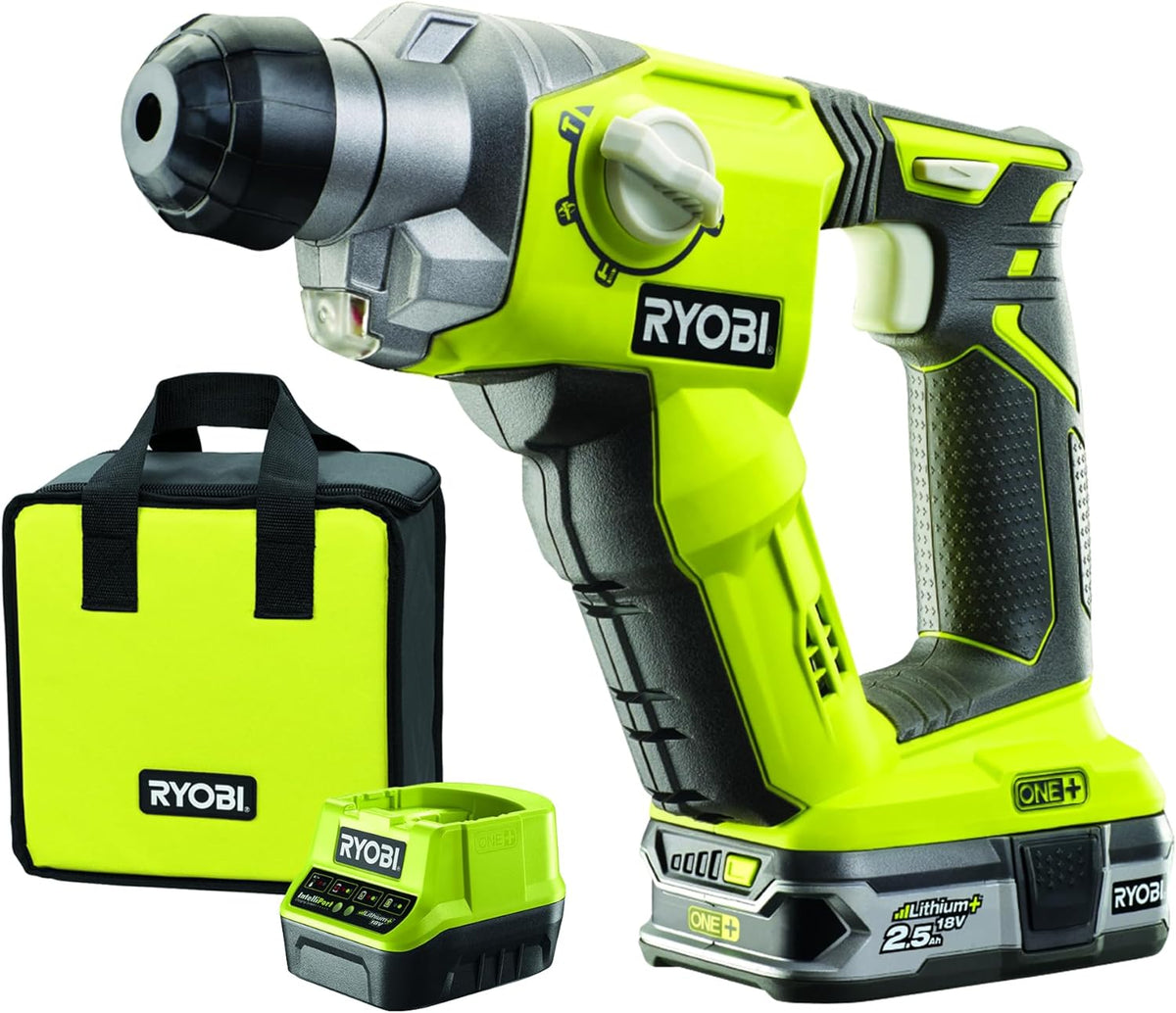 RYOBI Marteau perforateur, 18 V – 2.5 Ah | Vert/Noir/Gris, Perforateur SDS+ Sans Fil ONE+ R18SDS-125S – Mandrin SDS+