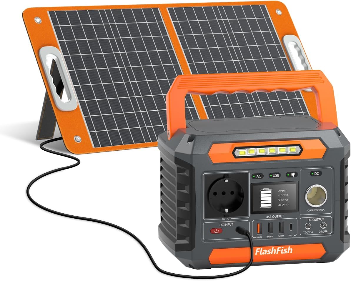 FF FLASHFISH groupe électrogène, 144,3 Wh – 60 W | 200 W, 230 V – Orange/Noir | FlashFish Generateur Électrique Avec Panneau Solaire