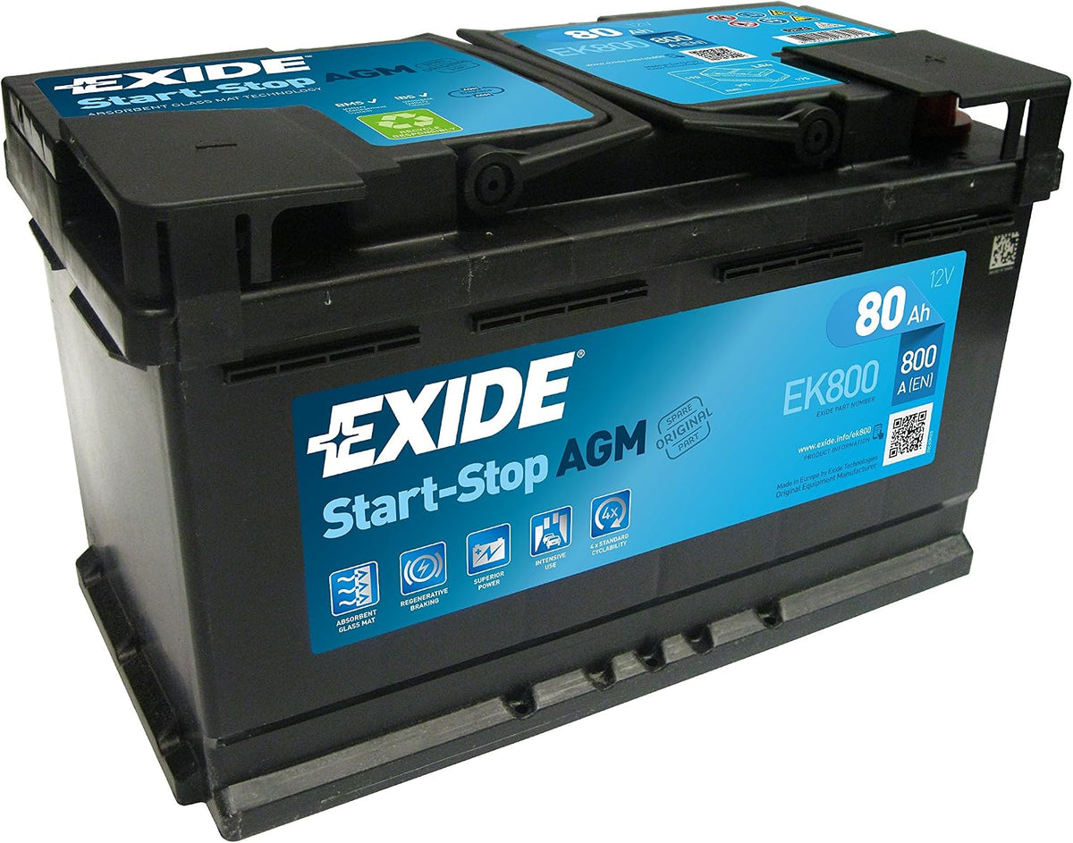 Batteries de voiture Exide Technologies | 12 V, 80 Ah – Noir/Bleu | Exide EK800 - Batterie Voiture AGM - 800A - Compatible Start and Stop