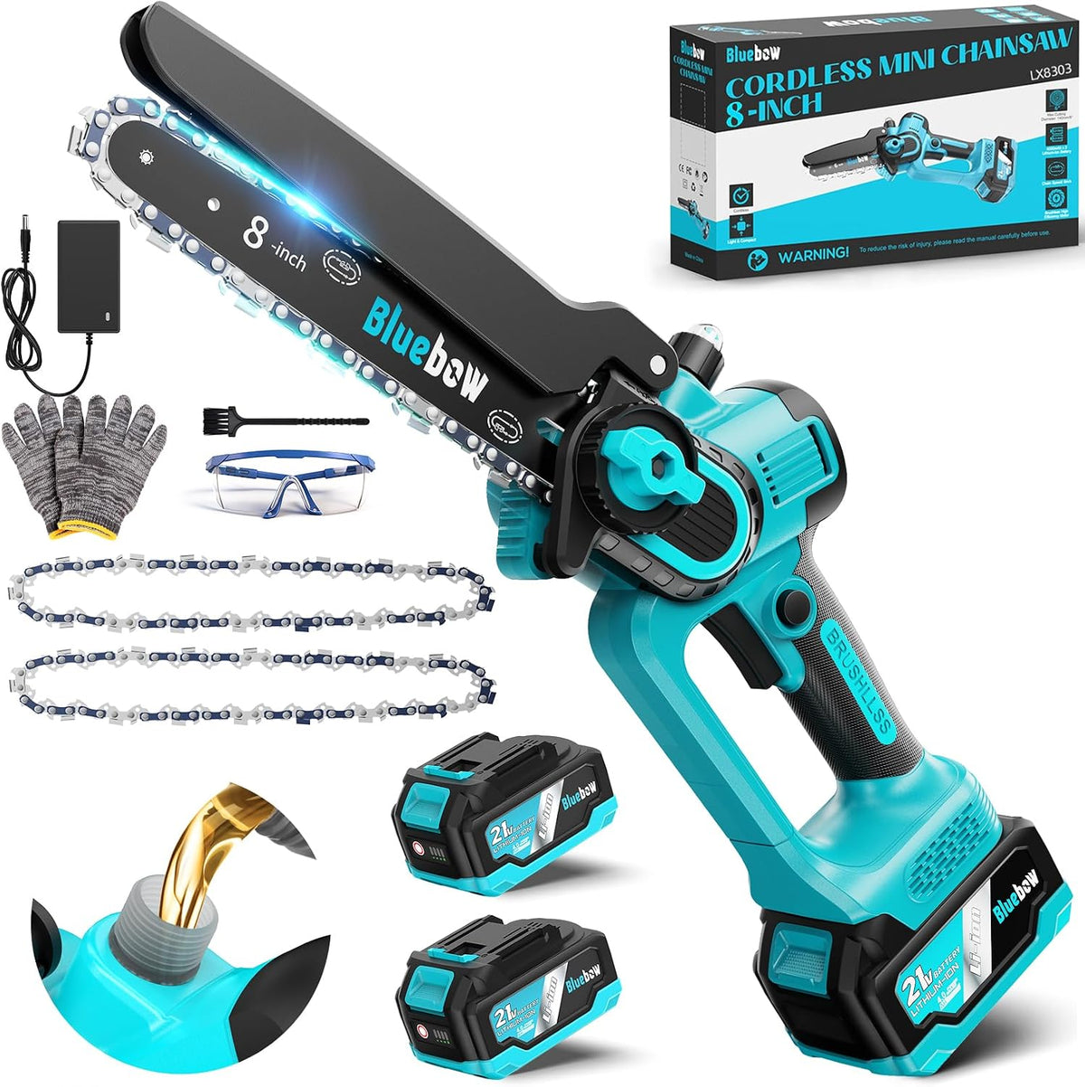 tronçonneuse Bluebow – 8 pouces | Noir/Bleu, Mini sans fil – Scie électrique sans balais avec système d'huile