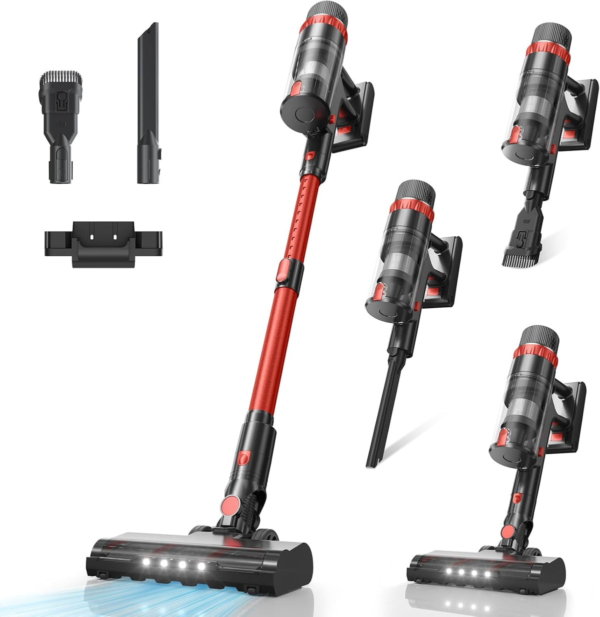 aspirateur balai sans fil VENHIDELY | aspirateur sans fil, 50KPA – Noir/Rouge | Puissant, 70 Mins avec Écran tactile LED – Détection Auto de Poussière