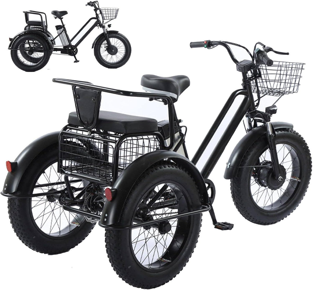 Tricycles SXYKXYDL | 20 pouces, 200 kg – 48 V | 12 Ah, Noir – Vélo cargo électrique à pneus larges, tricycle électrique pour adultes - Charge