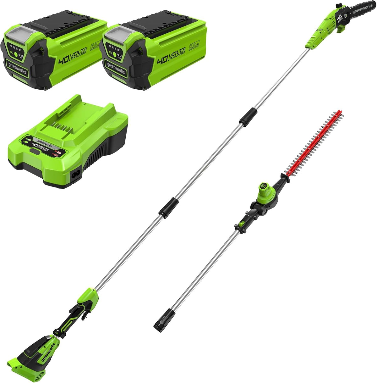 Outillage de jardin motorisé Greenworks – 40 V | 30 cm, 51 cm – Vert/Rouge/Noir | Scie à perche et taille-haie sans fil 2-en-1