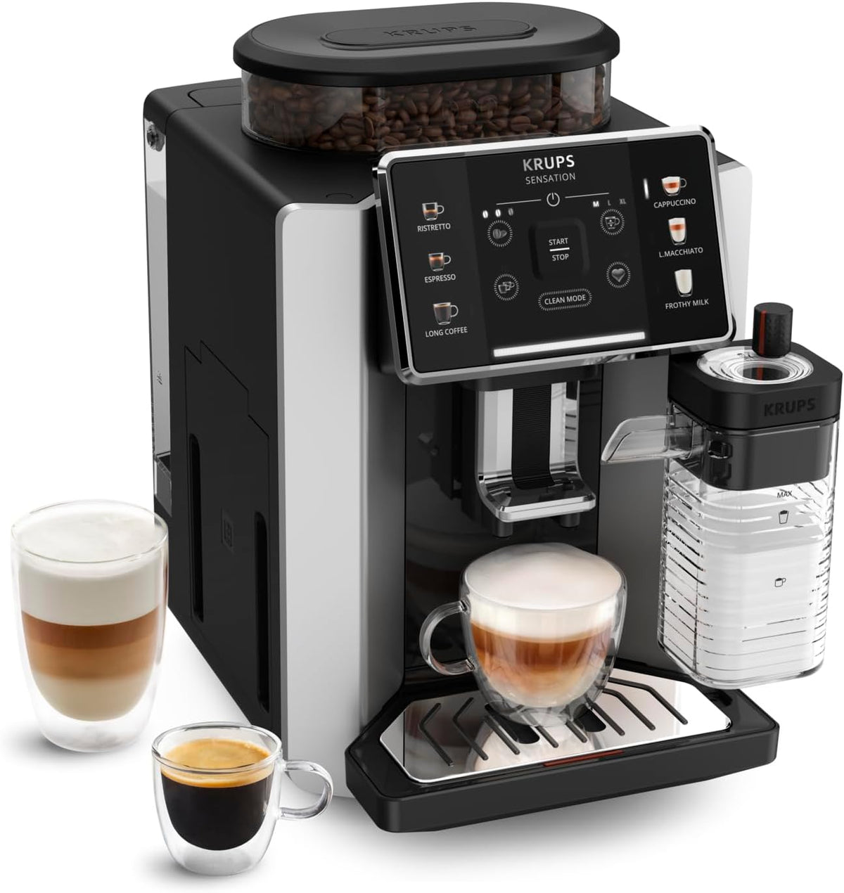 machine à café KRUPS | cafetière, Noir/Argent – Sensation Lait | Expresso automatique, 6 boissons – Carafe à lait Cappuccino