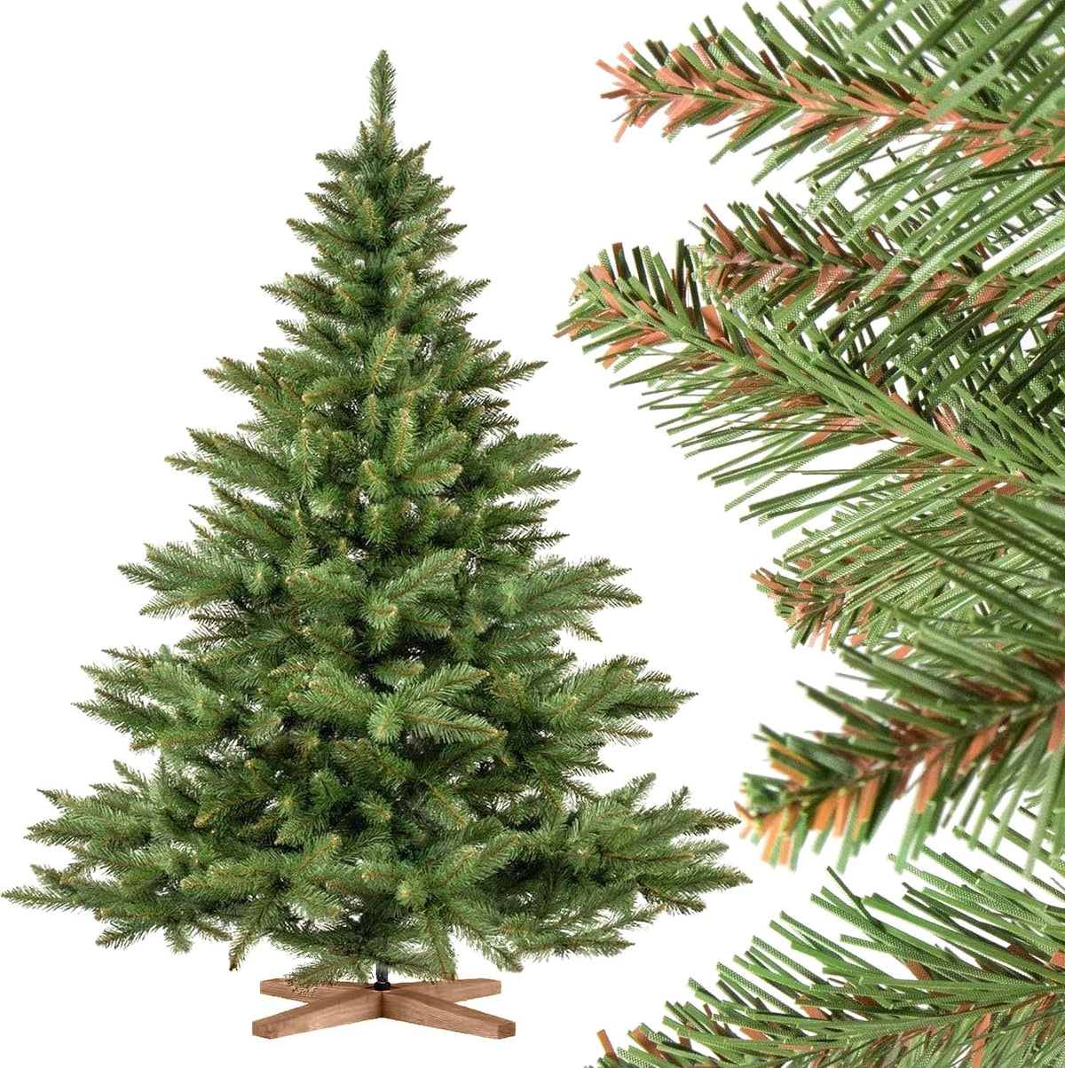 FairyTrees Sapins, 180 cm – Vert | Sapin de Nordmann, Sapin de Noël Artificiel – matériel PVC | Socle en Bois