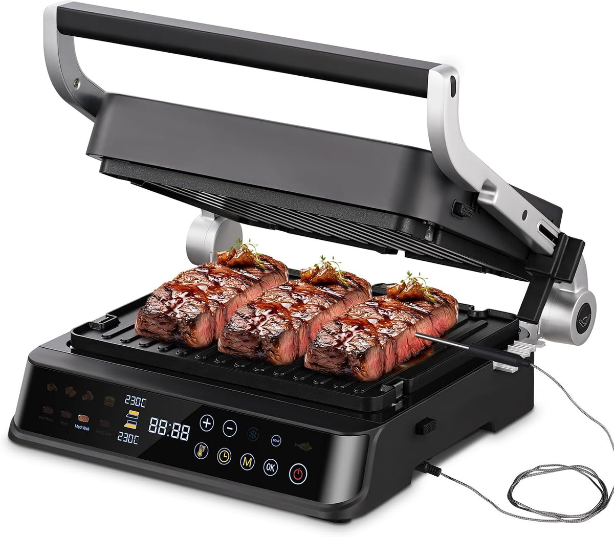 AMZCHEF grill électrique, Noir/Argent – AMAZHEF multifonction 6 en 1 avec capteur de température | fonction Sear 280°C