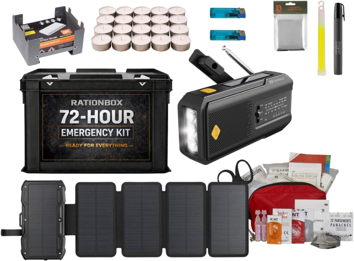 Kits de survie Rationbox – Noir/Rouge/Gris | Kit de Survie d'Urgence 72 Heures, Radio Solaire – Batterie Externe