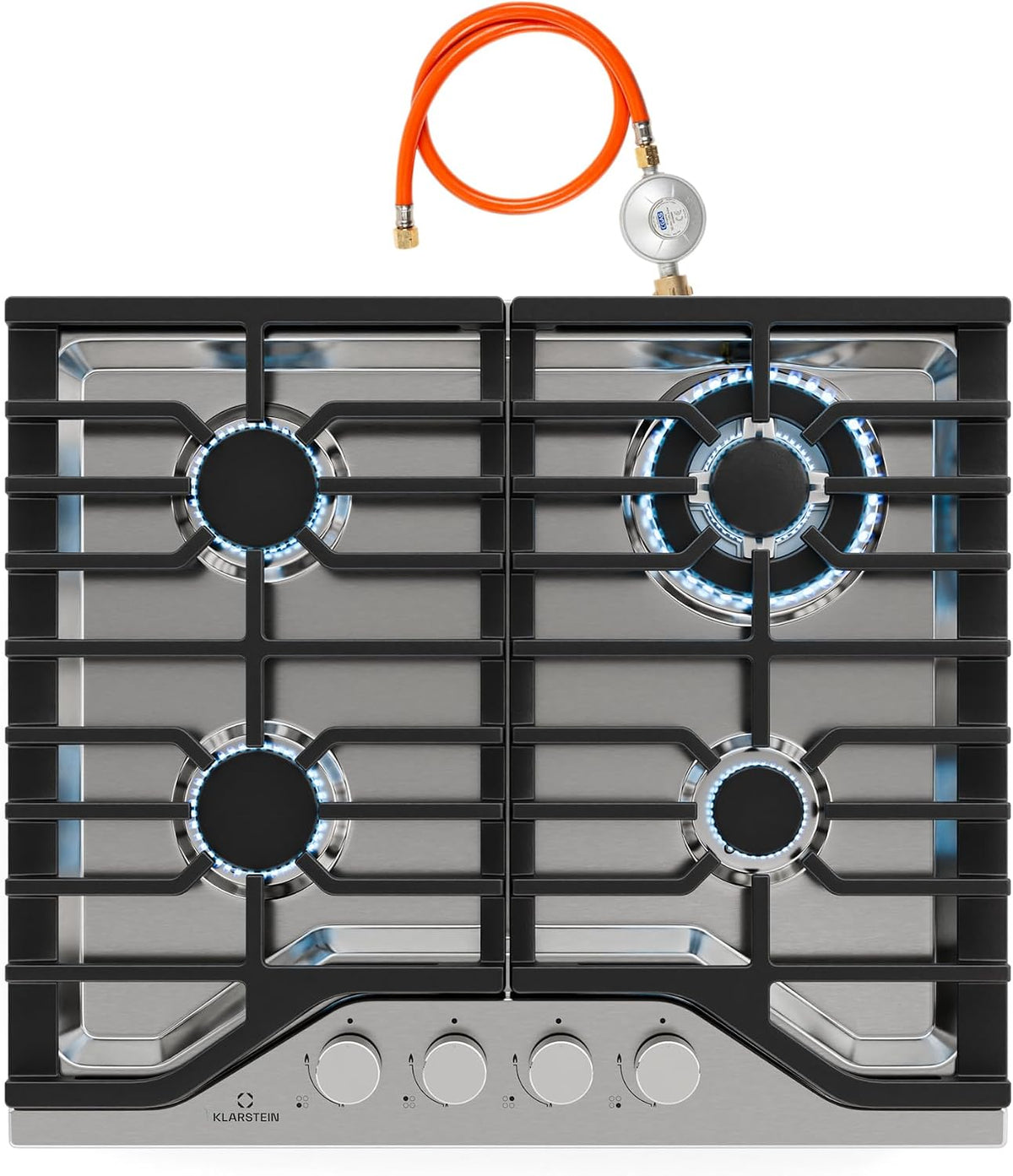table de cuisson KLARSTEIN, 3.4 kW – 600x85x510 mm | Noir/Argent, Turbocast Plaque De Cuisson Gaz – 4 Brûleurs