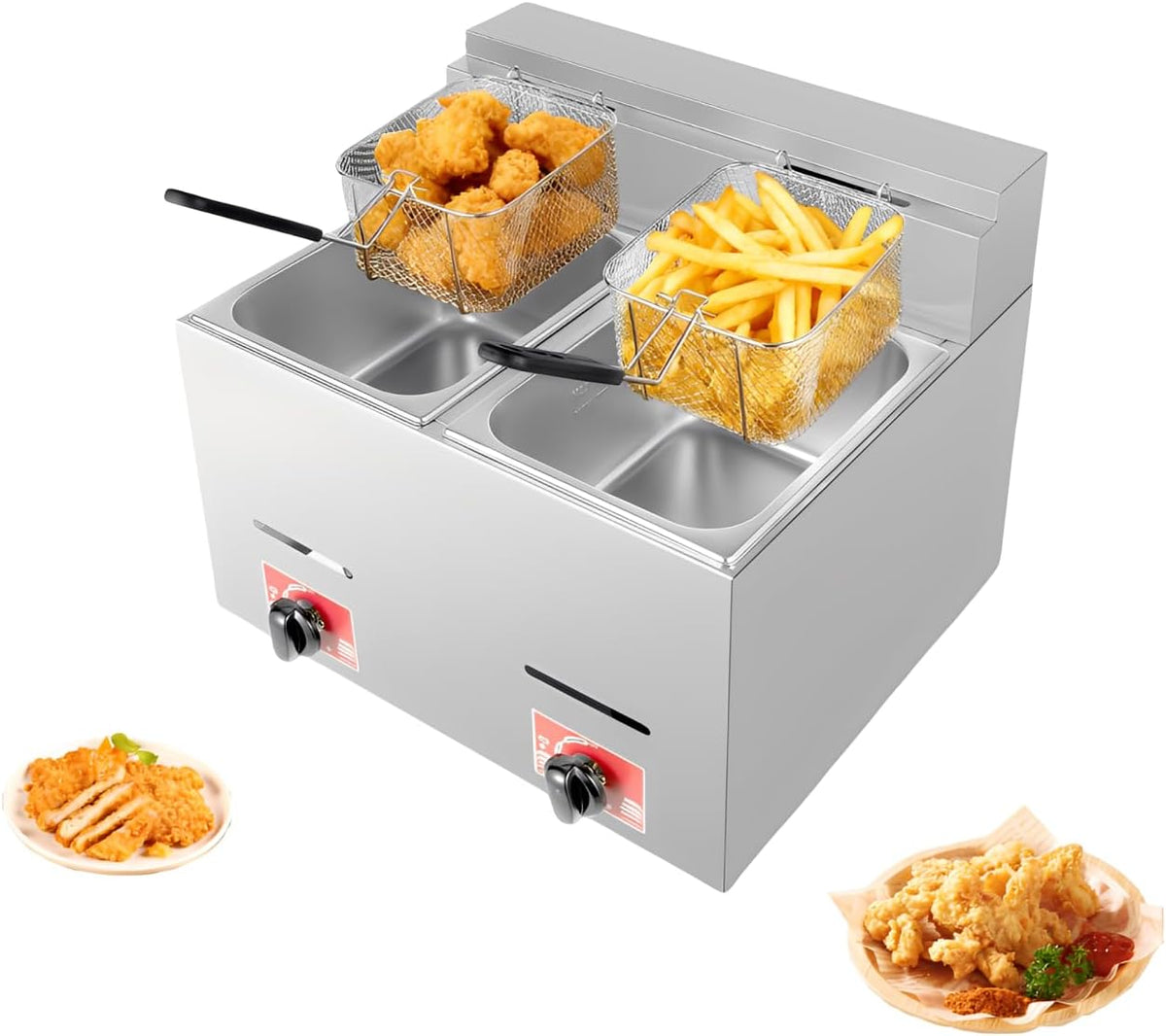 Armanyya Friteuses, 56 x 47 x 44 cm – 2 x 6 l/2 x 5,3 QT | 2 x 6, acier inoxydable – argenté | Double friteuse à gaz avec 2 paniers à frire