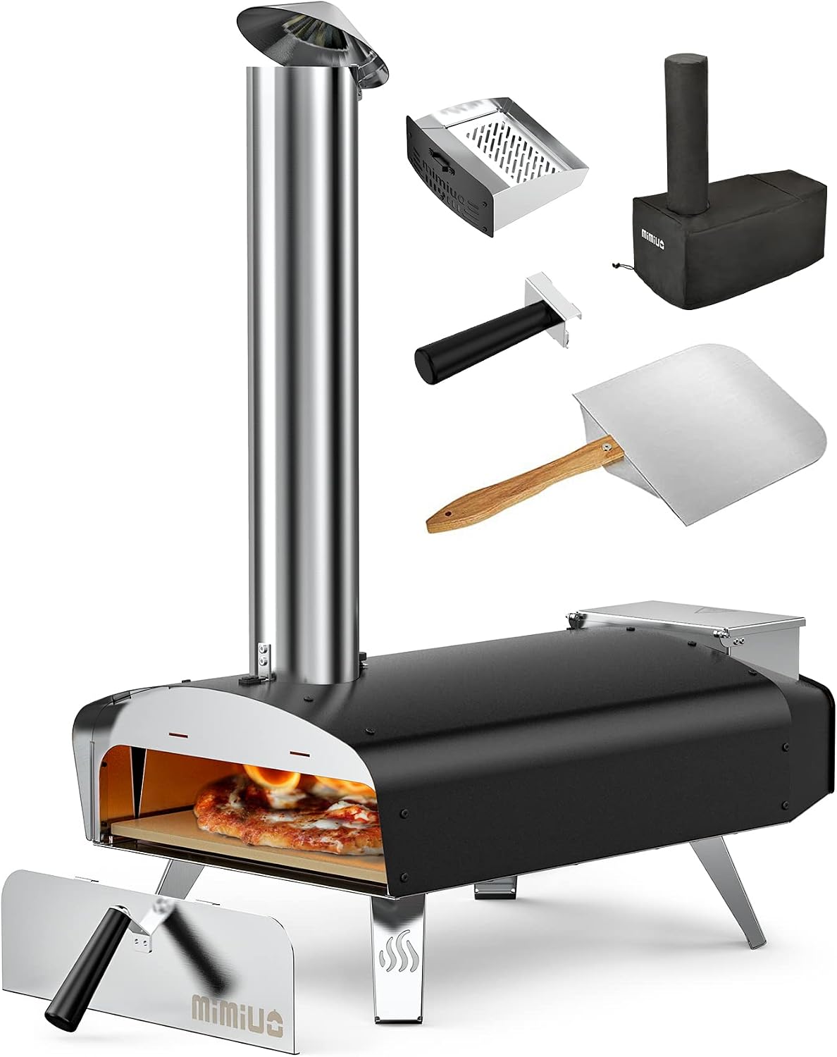 four à pizza Mimiuo – 33 cm | Noir/Argent, extérieur Noir au Charbon de Bois pellets – Four à Bois pour Le Jardin avec Pelle à Pizza