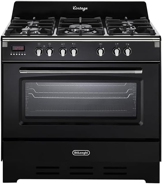 De'Longhi Cuisinières, 90 x 60 cm – noir brillant | Longhi MEM 965 NN Cuisinière à gaz 5 feux avec four électrique ventilé Noir