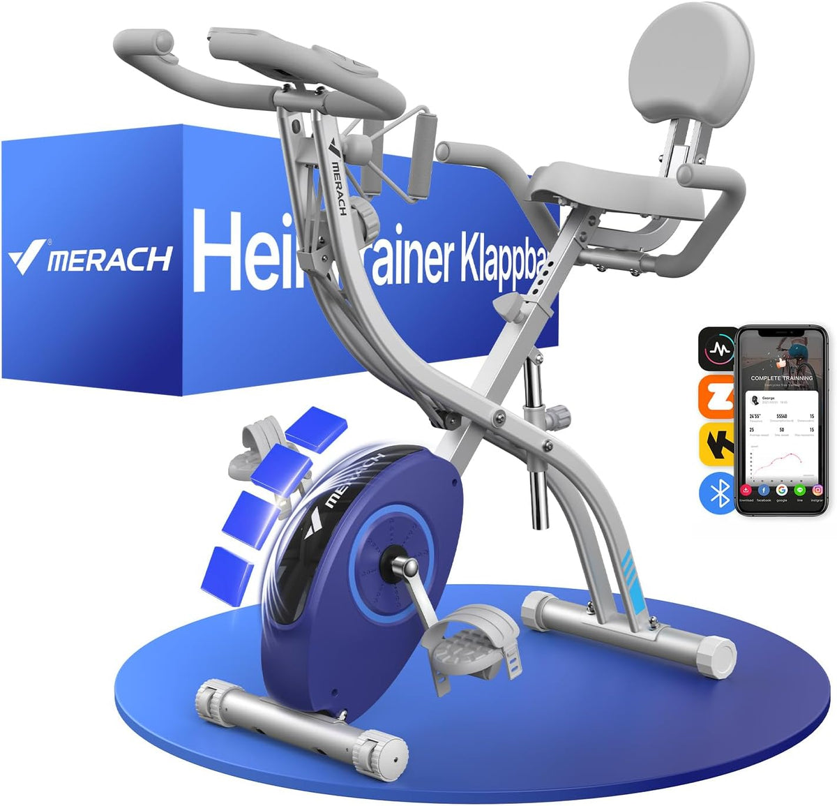 Cardio-training MERACH | 1 V, Bleu/Gris – Velo D Appartement Silencieux avec App Entraînement | Écran LCD, Mesure du Pouls