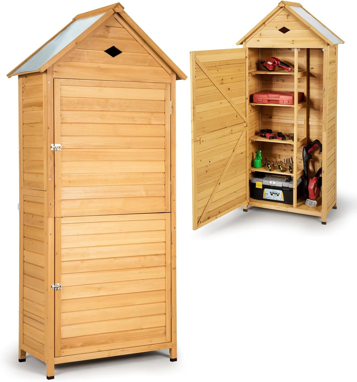 GOPLUS Abris de jardin, 70 x 35 x 176 CM – Bois Naturel | Abri de Jardin 5 Étagère avec Porte Verrouillable