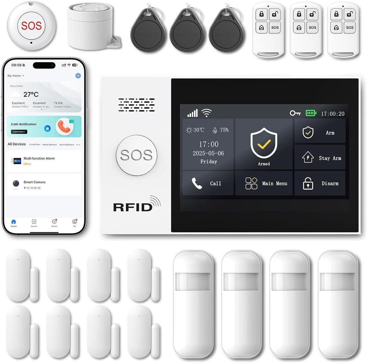 Alarmes maison XUK | Blanc/Noir, Systeme Alarme Maison sans Fil – sans Abonnement ni Frais Mensuels | Kit Alarme Maison Complet avec Écran Tactile