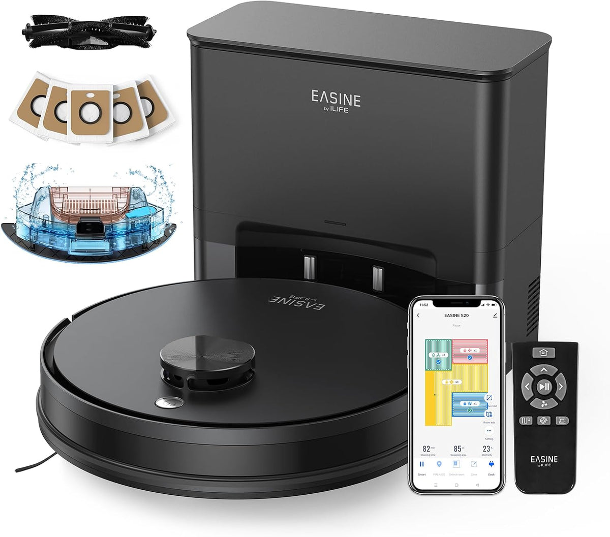 EASINE robot aspirateur, aspirateur robot – Noir | avec Station Autovidange, Robot Laveur et Serpillière – Navigation Laser 5000Pa